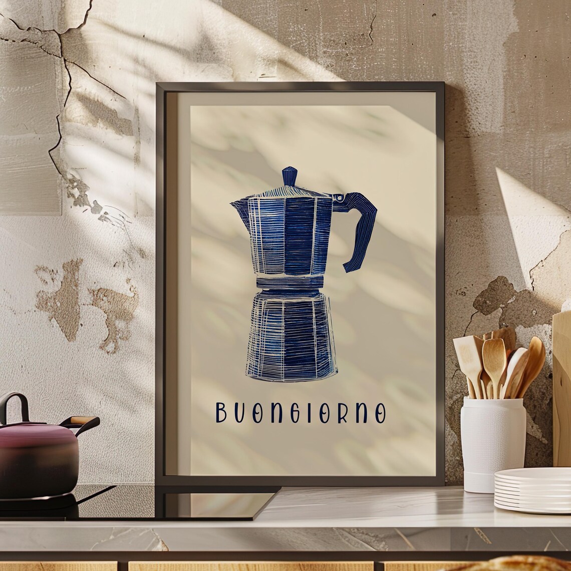 Buongiorno Navy Moka Pot Minimalist Italian Coffee Kitchen Art Poster