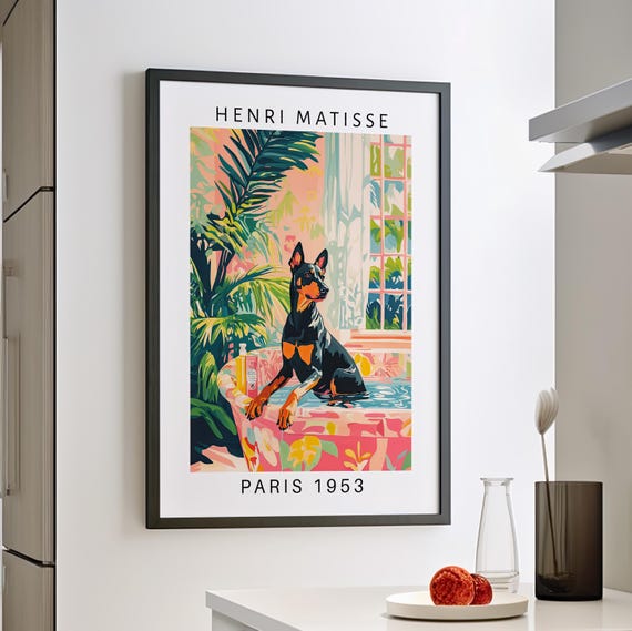 Doberman In Bathtub Wall Art Poster Or Canvas Print Funny Bathroom Henri Matisse Artwork Maximalist Animal Decor Whimsy Dog