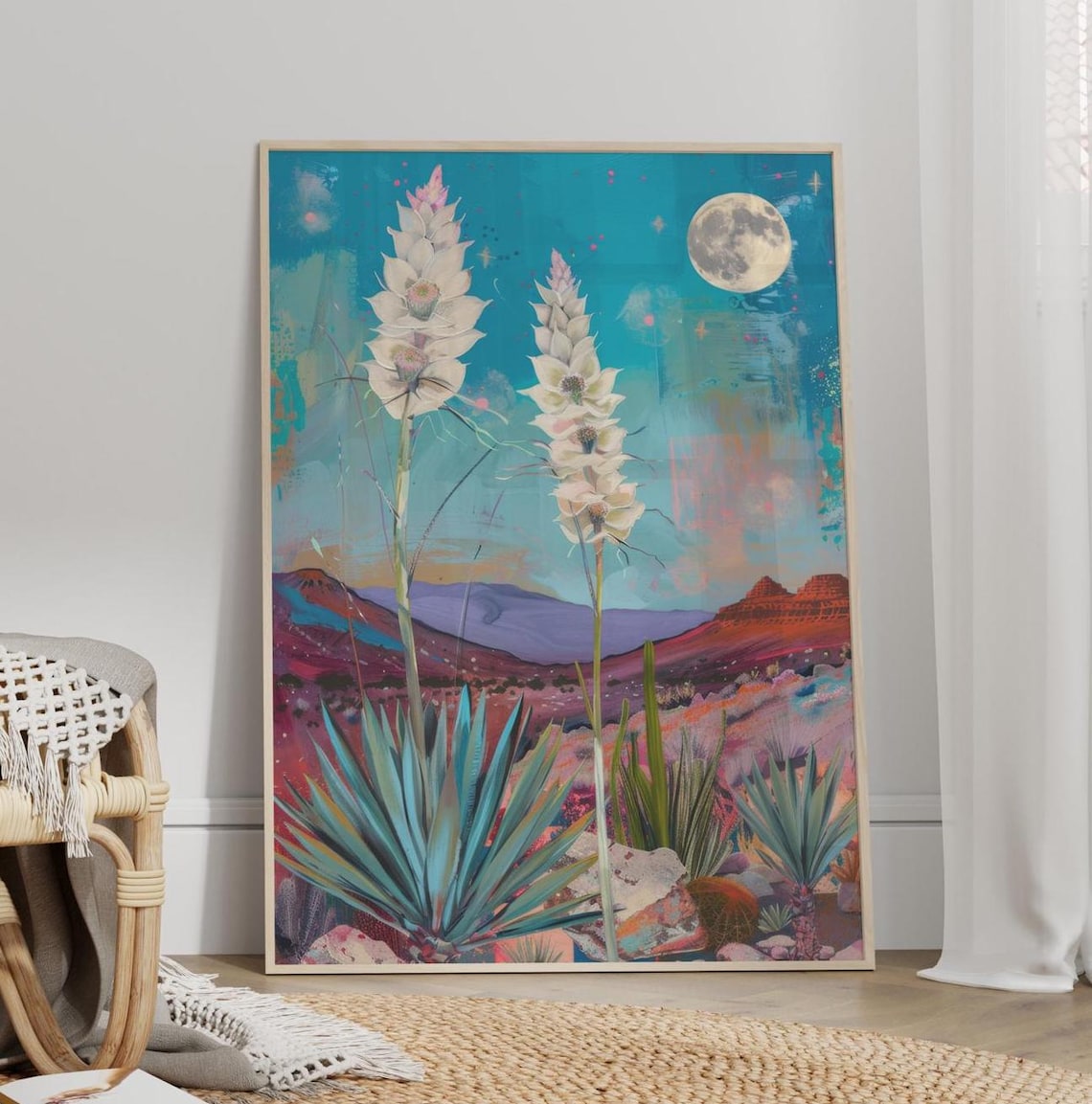 Tall White Yucca Flowers Over Desert Night Moon Botanical Poster