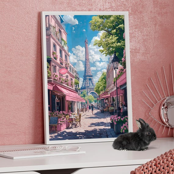 Pink Paris Street Scene Buildings Eiffel Tower Art Poster Or Canvas Print Parisian Wall Decor Cityscape Cute Girly