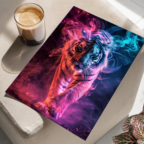 Neon Flaming Tiger Head Pink Blue Smoke Modern Wildlife Poster