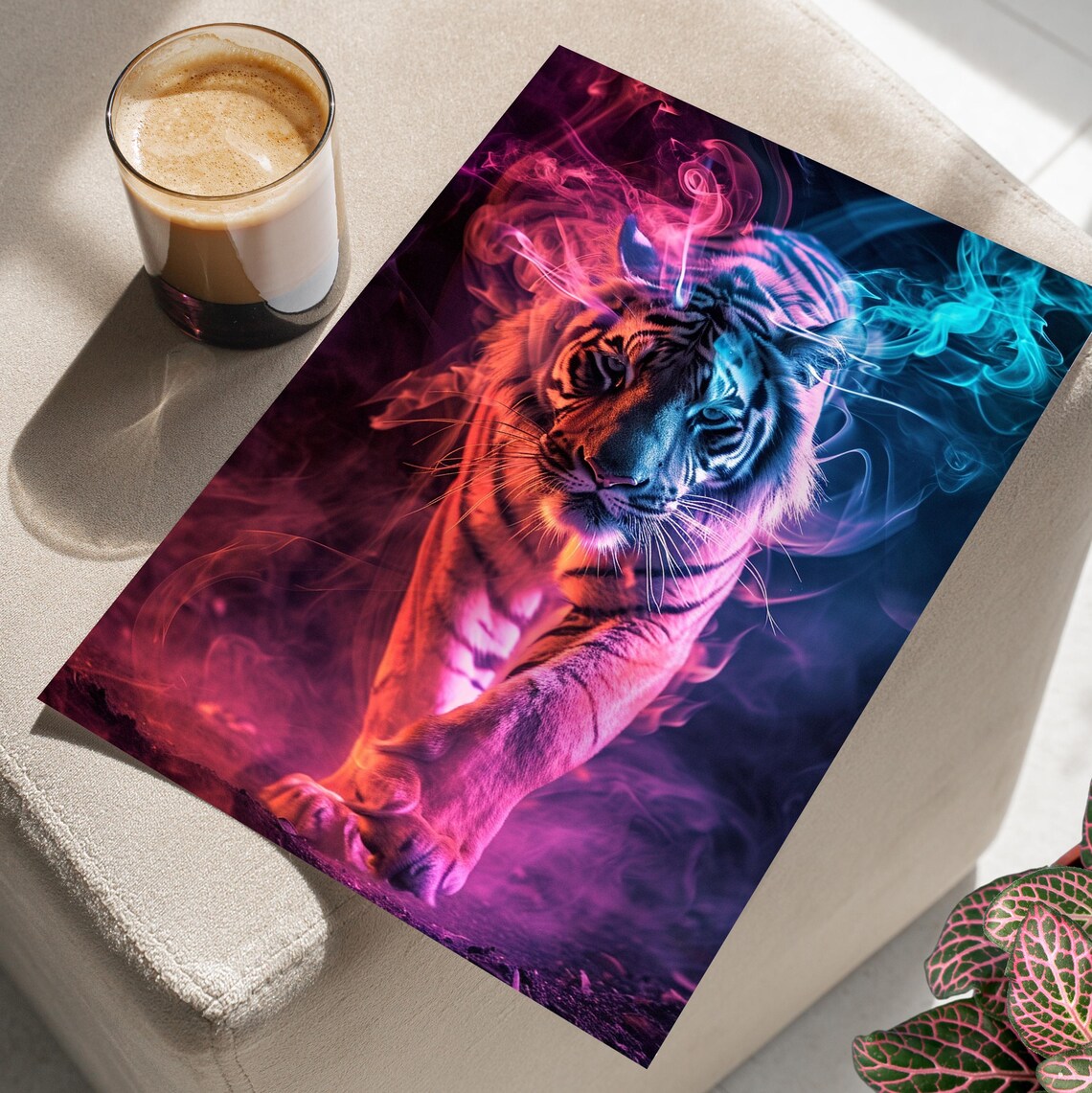 Neon Flaming Tiger Head Pink Blue Smoke Modern Wildlife Poster