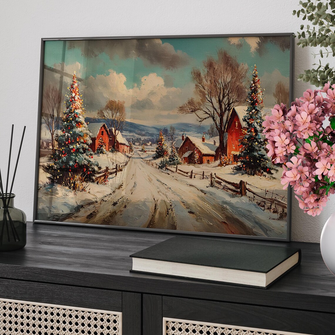 Snowy Christmas Village with Red Barns Vintage Winter Scene Art Print