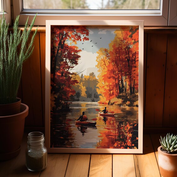 Two Kayakers on an Autumn River Fall Foliage Serene Landscape Poster