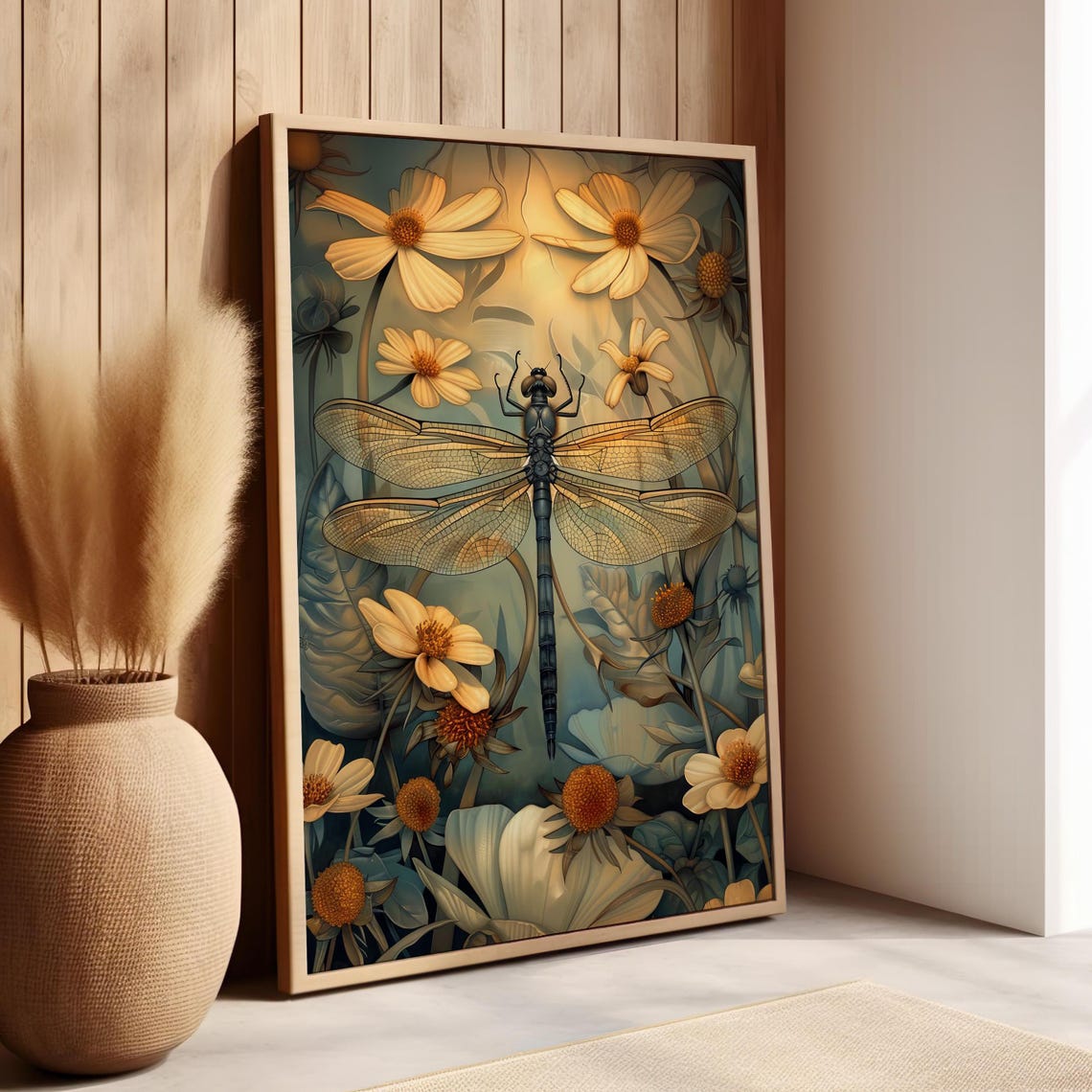 Dragonfly Art Nouveau Print Floral Botanical Poster Or Canvas Wings Nature Artwork