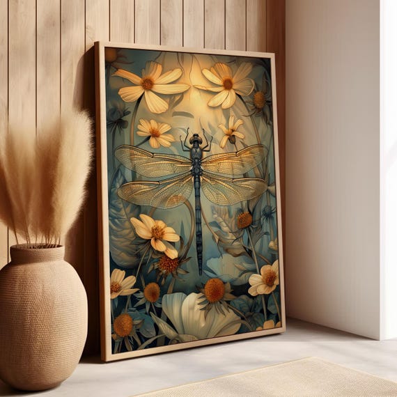 Dragonfly Art Nouveau Print Floral Botanical Poster Or Canvas Wings Nature Artwork