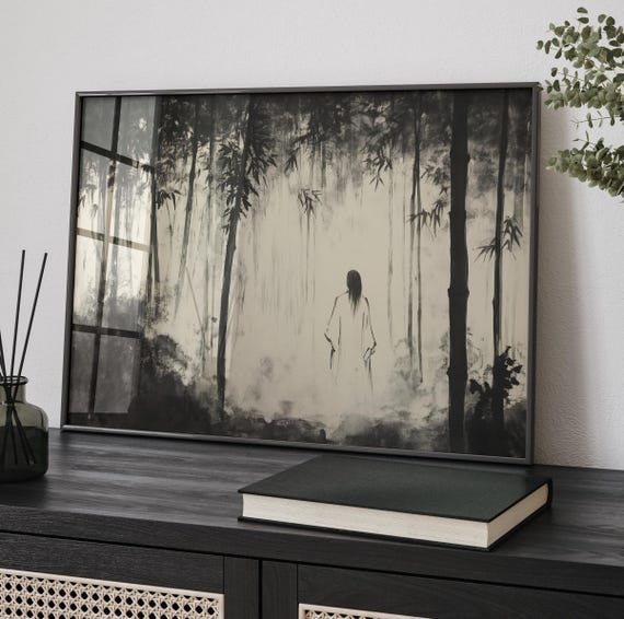 Yurei In Misty Bamboo Forest Art Print Ethereal Japanese Spirit Ink Painting Haunting Halloween Decor Minimalist Moody Wall