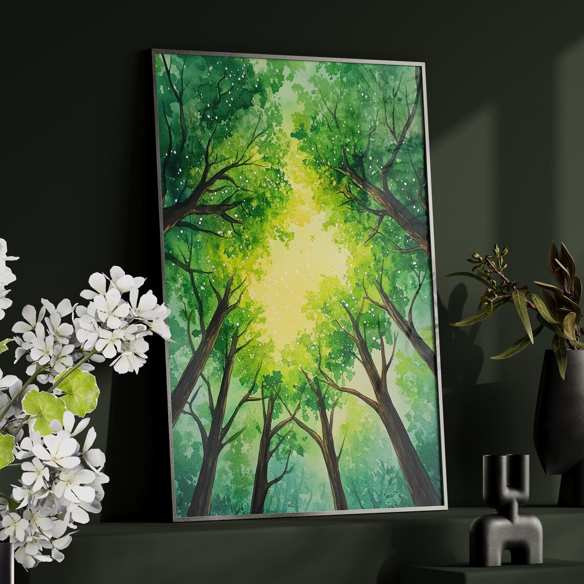 Sunlit Green Forest Canopy Watercolor Magical Woodland Wall Art