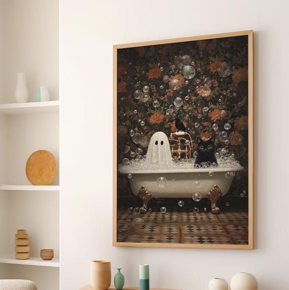 Whimsigoth And Black Cat Bubblebath Art Poster Or Canvas Print Spooky Bathroom Halloween Decor In Tub