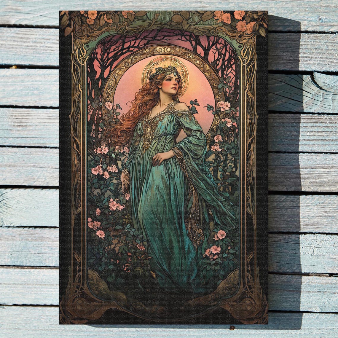 Art Nouveau Forest Maiden Moonlit Blooms Romantic Wall Poster