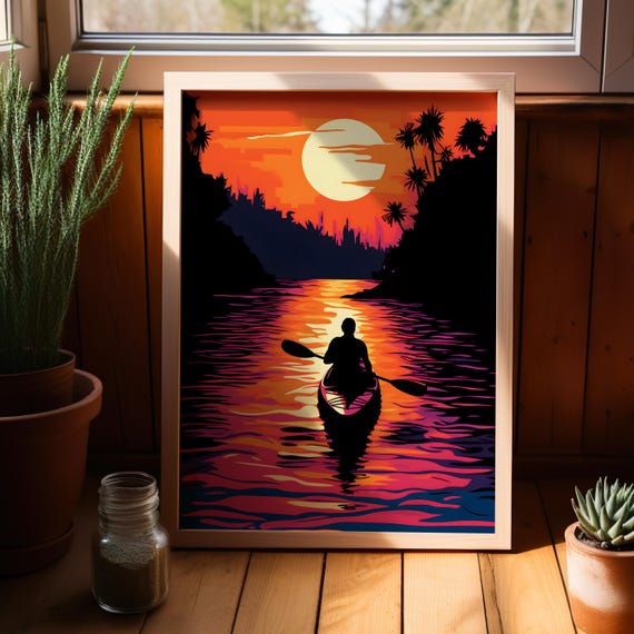 Amazing Kayak And Nature Wall Art Print Or Canvas Neon Silhouette River Adventure Lake House Decor Gift For Lover