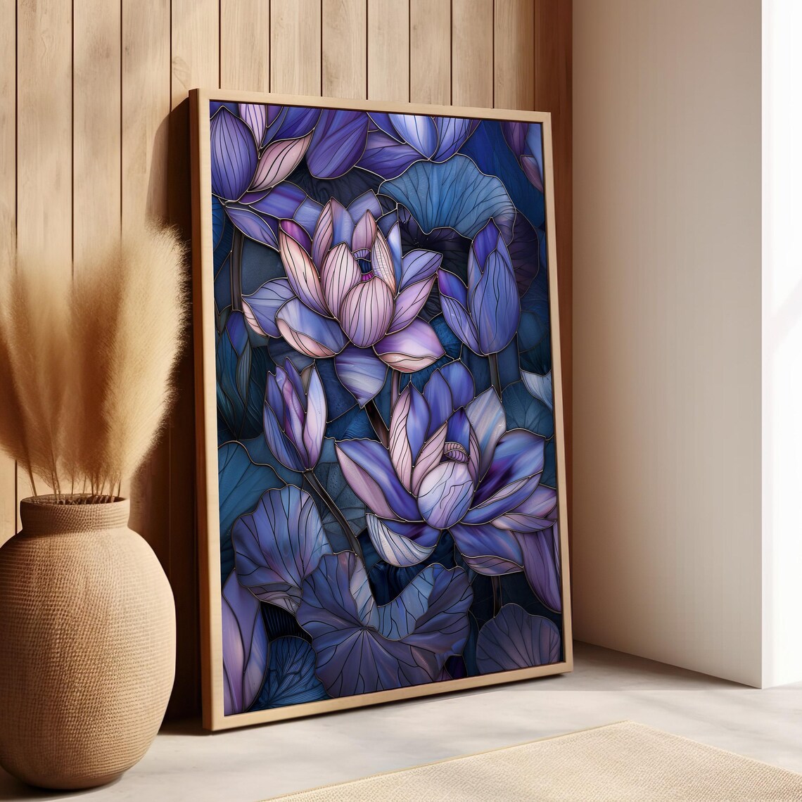 Purple Blue Lotus Stained Glass Style Floral Botanical Art Print