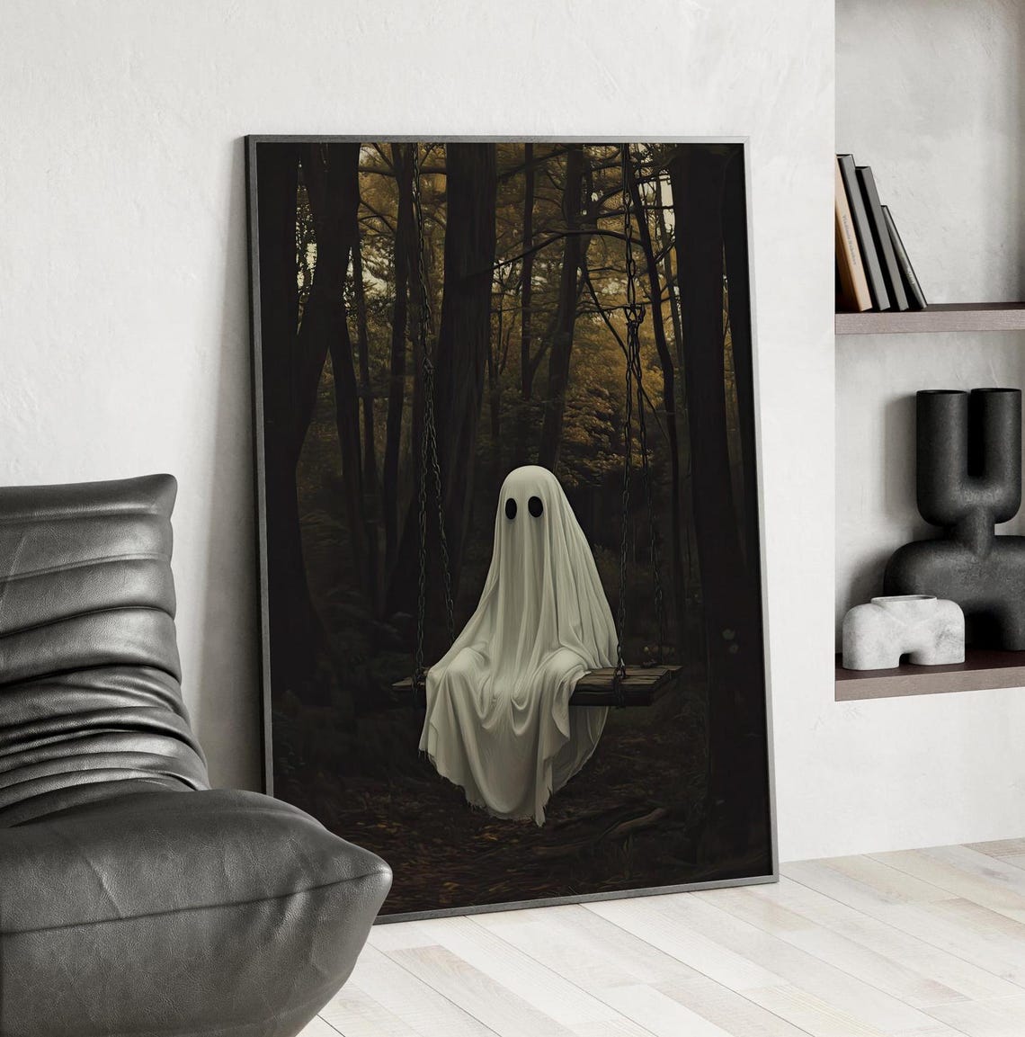 On Swing In The Woods Halloween Decor Poster Or Canvas Print Eerie Home Creepy Forest Dark Academia
