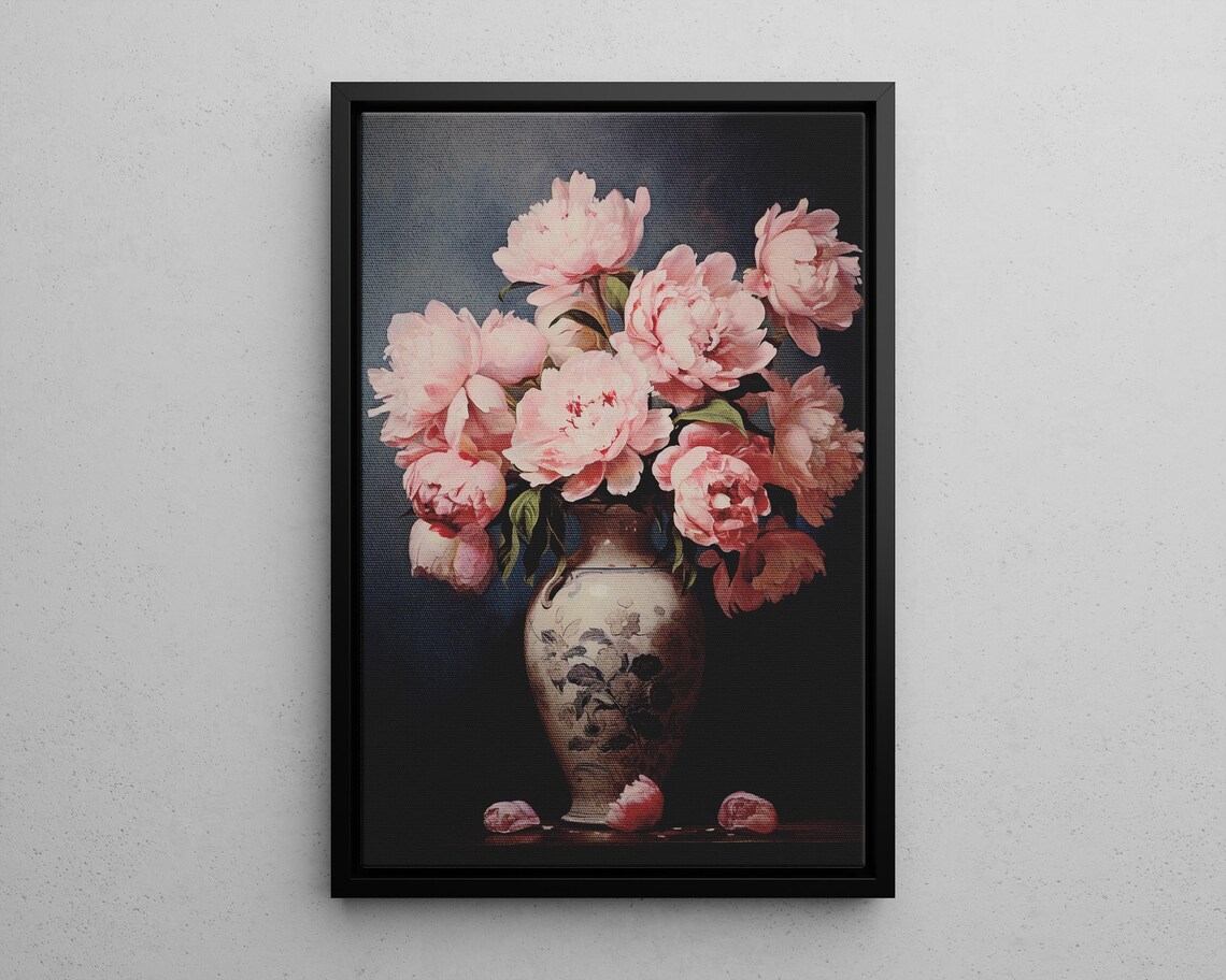 Pink Peonies in Vase Rustic Vintage Floral Oil Palette Art Poster