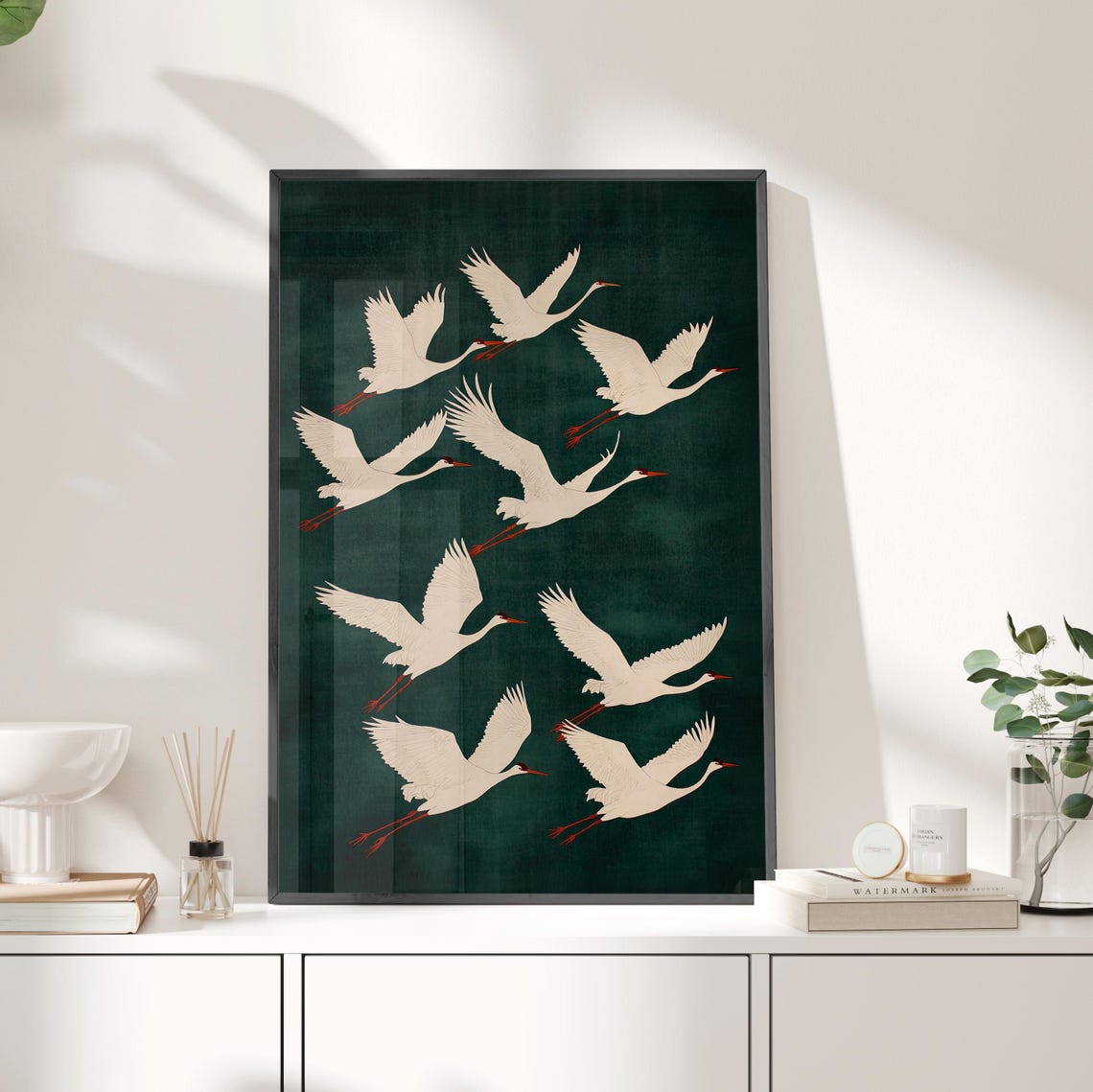 Flying White Sandhill Cranes Dark Green Japanese Painting Poster