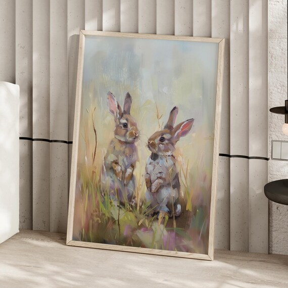 Easter Bunnies In A Field Painting Art Print Or Canvas Spring Bunny Vintage Rabbit Nursery Decor Farmhouse Whimsical