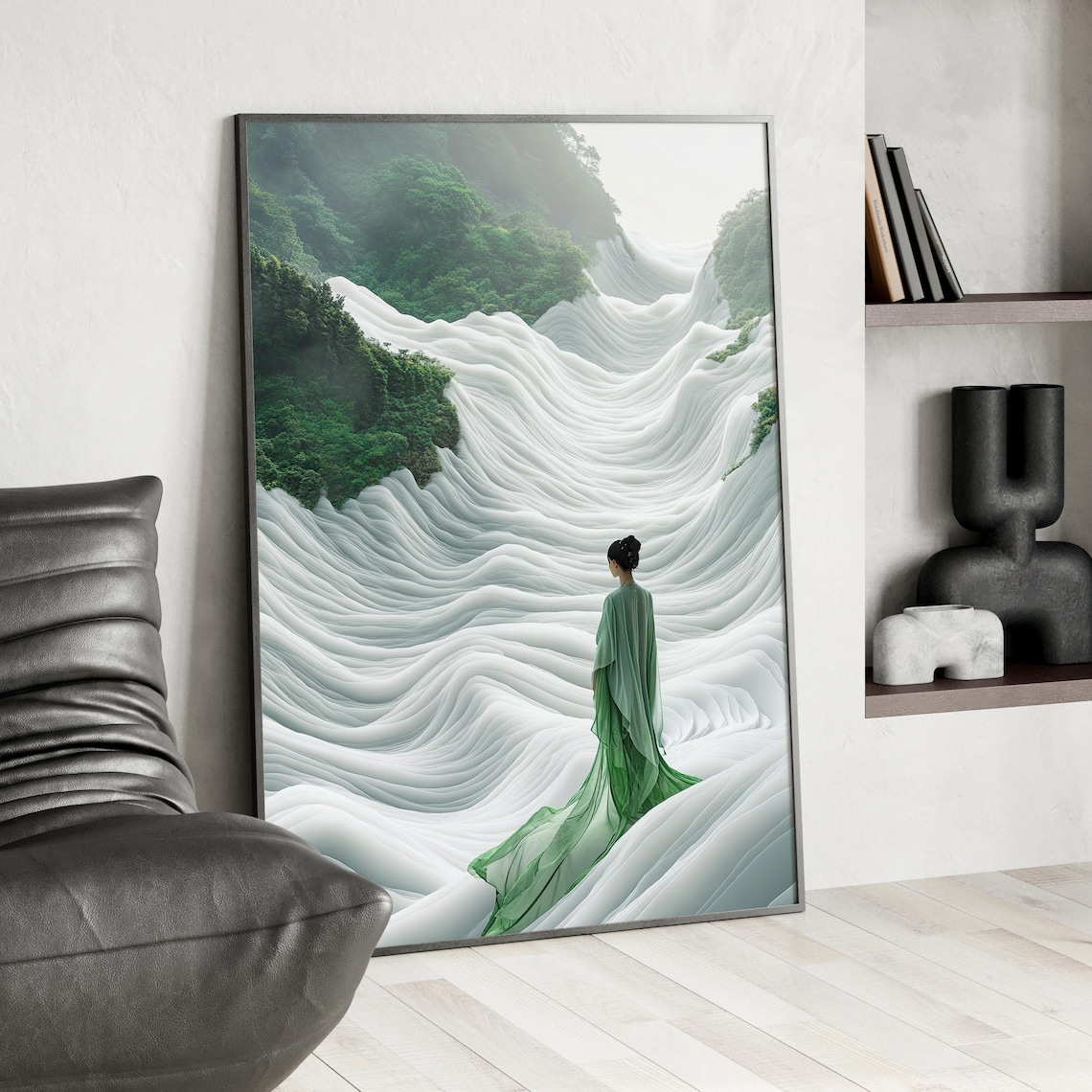 Hanfu Woman Jade Dress Surreal White Waves Chinese Landscape Poster
