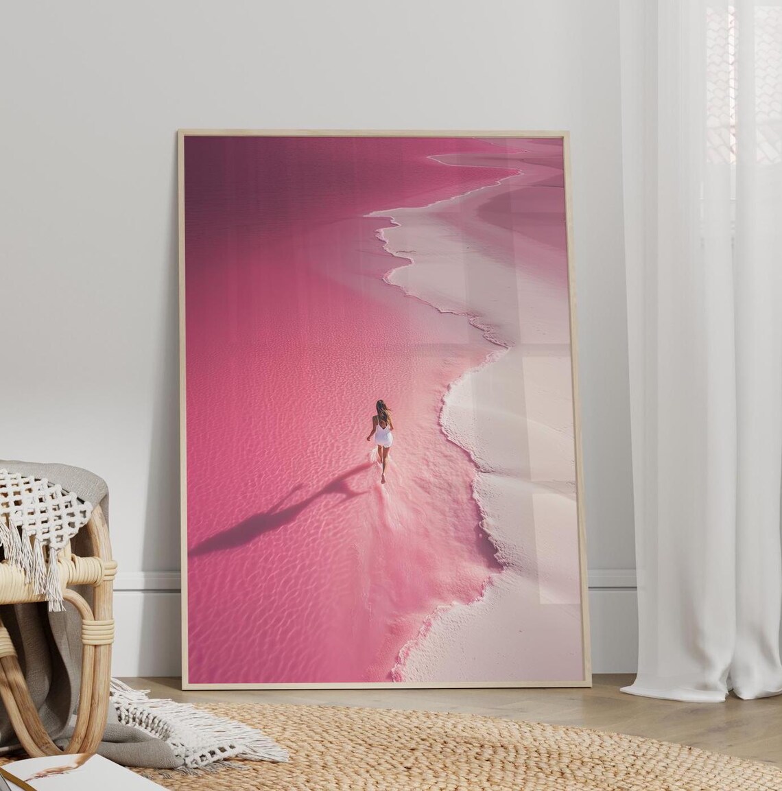 Woman Walking On Pink Sand Beach Aerial Coastal Dreamy Poster