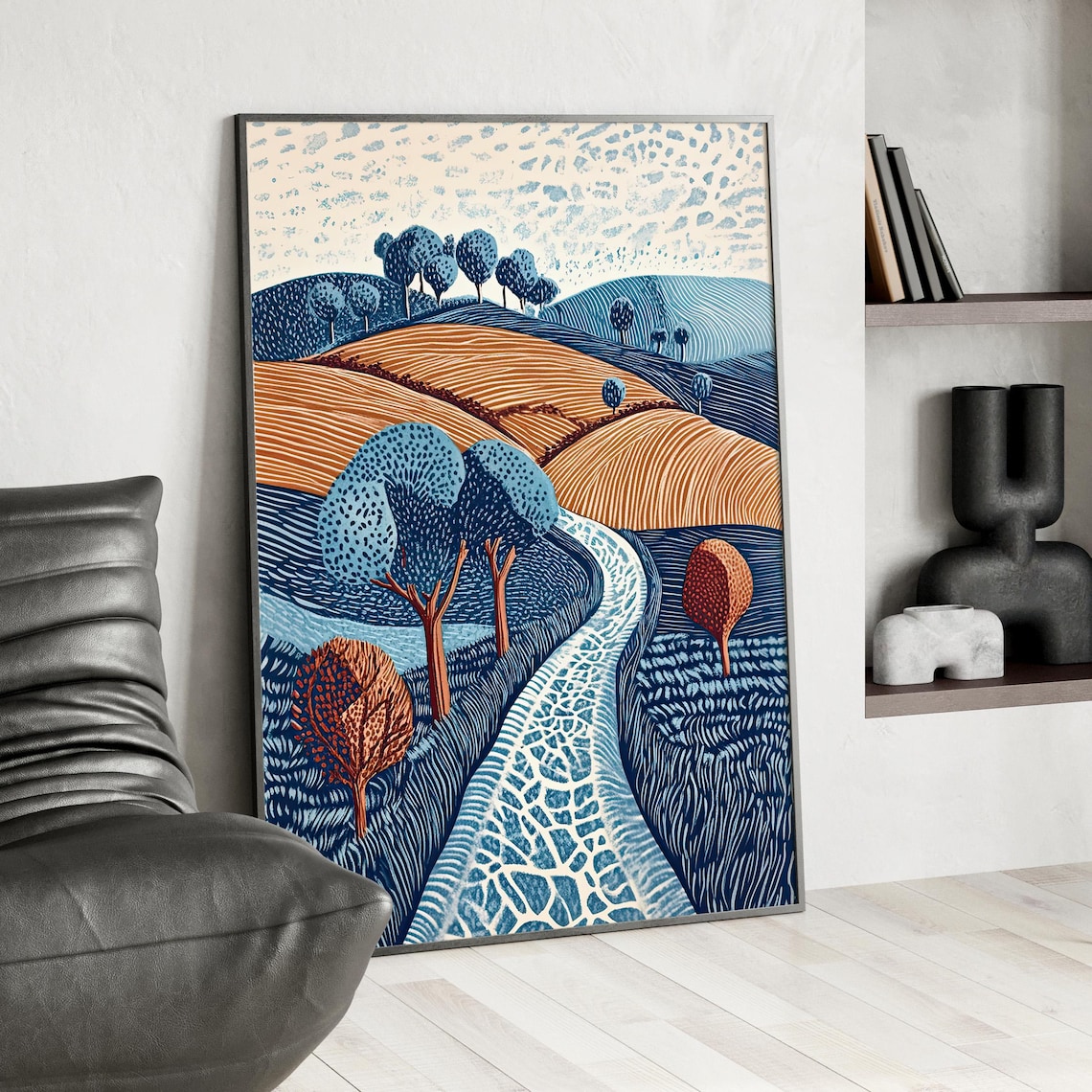 Blue Rolling Hills River Linocut Style Countryside Wall Poster