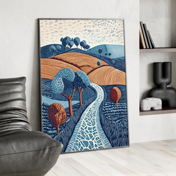 English Countryside Landscape Linocut Print Style Art Poster Or Canvas Abstract Woodcut Nature Wall Rolling Hills