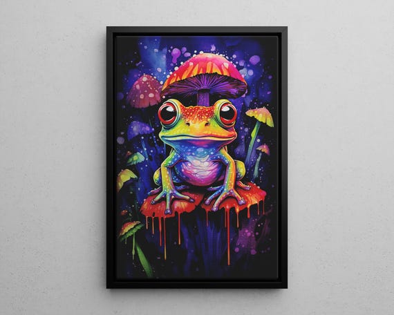 Cute And Preppy Neon Colored Mushroom Frog Wall Art Print Or Canvas Funny Whimsical Colorful Botanical Alcohol Ink Poster