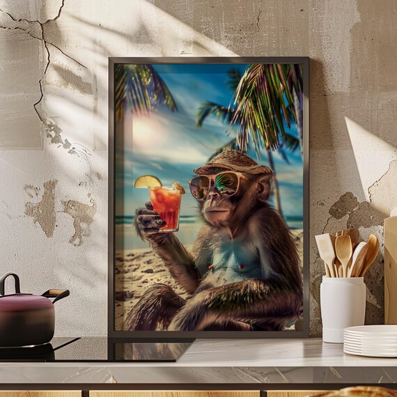 Monkey On The Beach Poster Print Or Canvas Cocktail Art Vacation Wall Modern Maximalist Animal Bar Cart
