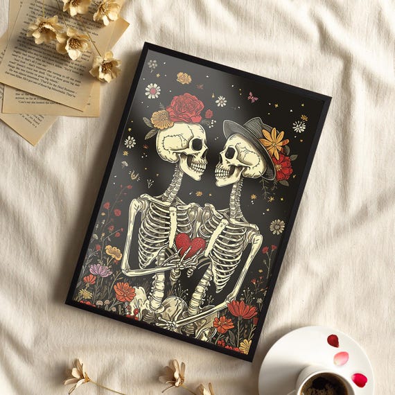 Unique Skeleton Lover Wall Art Print Or Canvas Gothic And Whimsical Skull Botanical Couple Poster Tarot Card Feel Spooky Valentines Gift