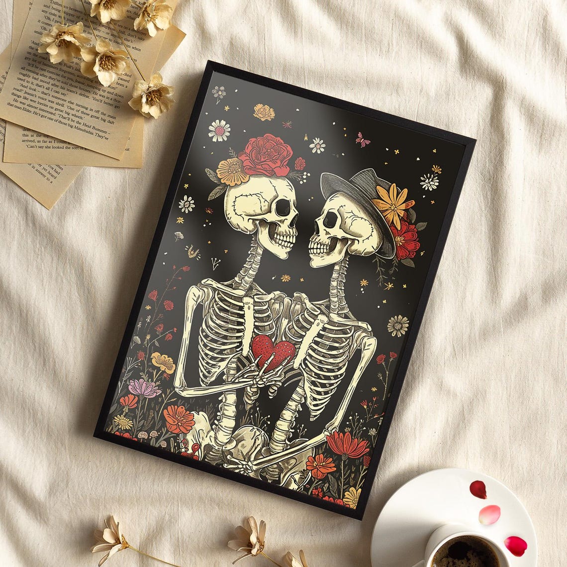 Skeleton Couple Embracing With Flowers Gothic Romance Tarot Poster