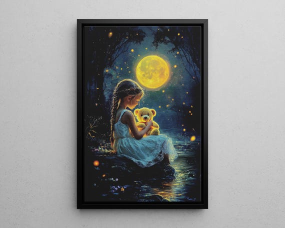 Girl With Teddy Bear Under Moonlight Poster Or Canvas Whimsical Fireflies Enchanted Dark Forest Art Childs Room Decor Celestial Moon