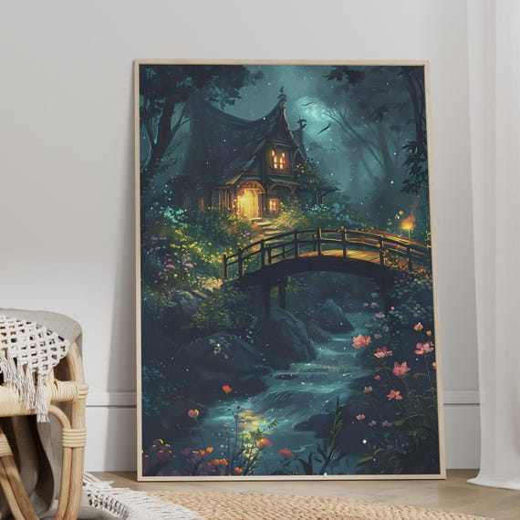 Botanical Fantasy House Art Print Or Canvas Luminescent Magical Enchanted Bridge Over River Poster Perfect Warming Gift