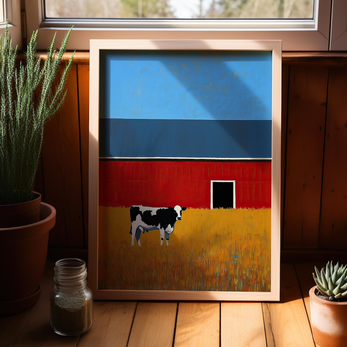 Black White Cow Red Barn Golden Field Bold Modern Farm Art Poster