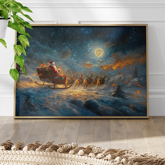 Santa Claus Sleigh Reindeer Starlit Moonlit Snowy Christmas Poster
