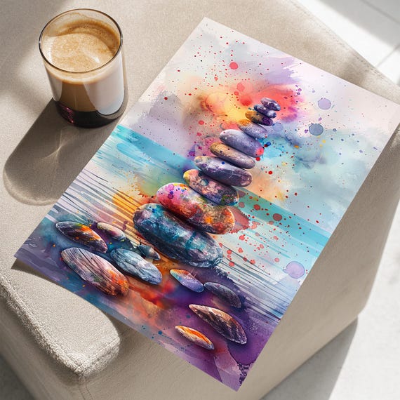 Zen Stones Stack Watercolor Painting Ocean Art Print Poster Or Canvas Colorful Coastal Oceanic Boho Stacked Wall