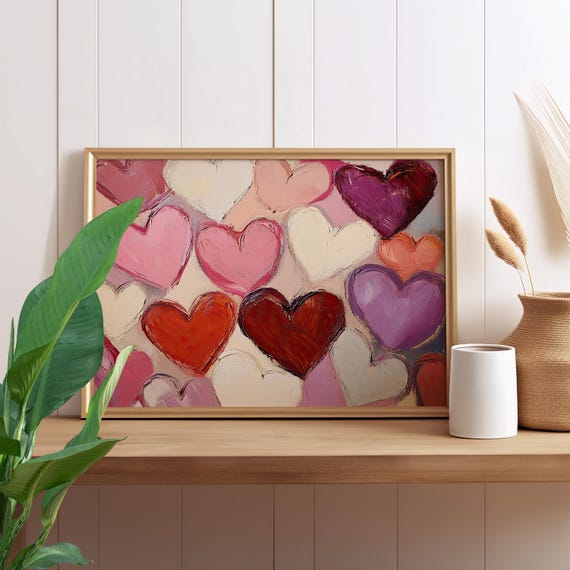 Pink Hearts Oil Painting Poster Or Canvas Print Abstract Colorful Heart Wall Art Love Romantic Valentines Day Decor Gift For Her