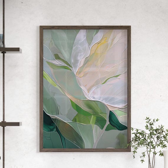 Green Abstract Floral Botanical Art Print Poster Or Canvas Neutral Colors Oil Painting Minimalist Petals Sage