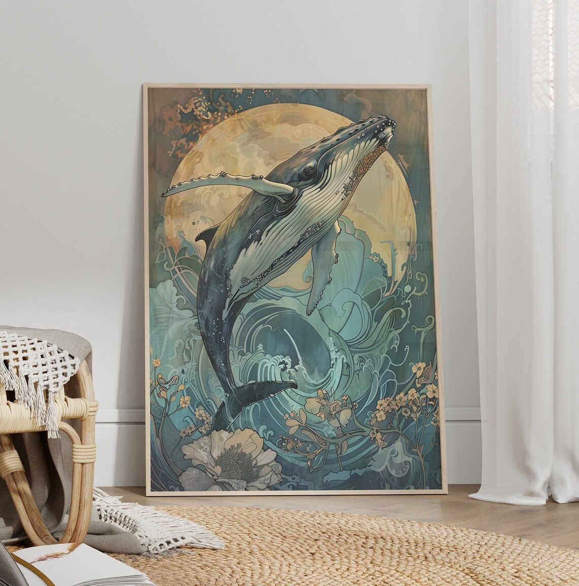 Humpback Whale Leaping Golden Moon Art Nouveau Ocean Fantasy Poster