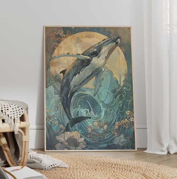 Great Humpback Whale Portrait Poster Or Canvas Print Vintage Floral And Moon Wall Art Fantasy Abstract Painting Nursery Decor