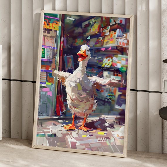 Abstract Happy Duck In Stationery Shop Colorful Art Print Or Canvas Modern Whimsical Animal Funny Smiling Poster