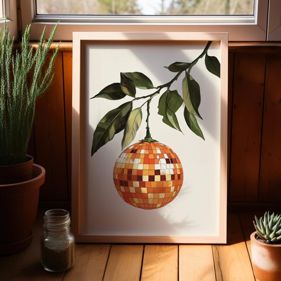 Orange Disco Ball Print Retro Wall Art Poster Or Canvas Mirror Citrus Fruit Bar Cart Funky Food Trendy Prints