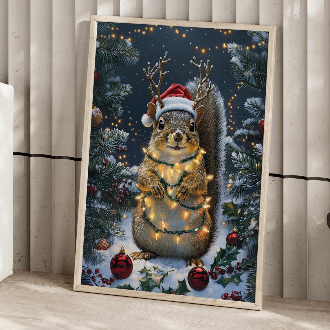Christmas Squirrel In Santa Hat Wrapped In Twinkling Lights Poster