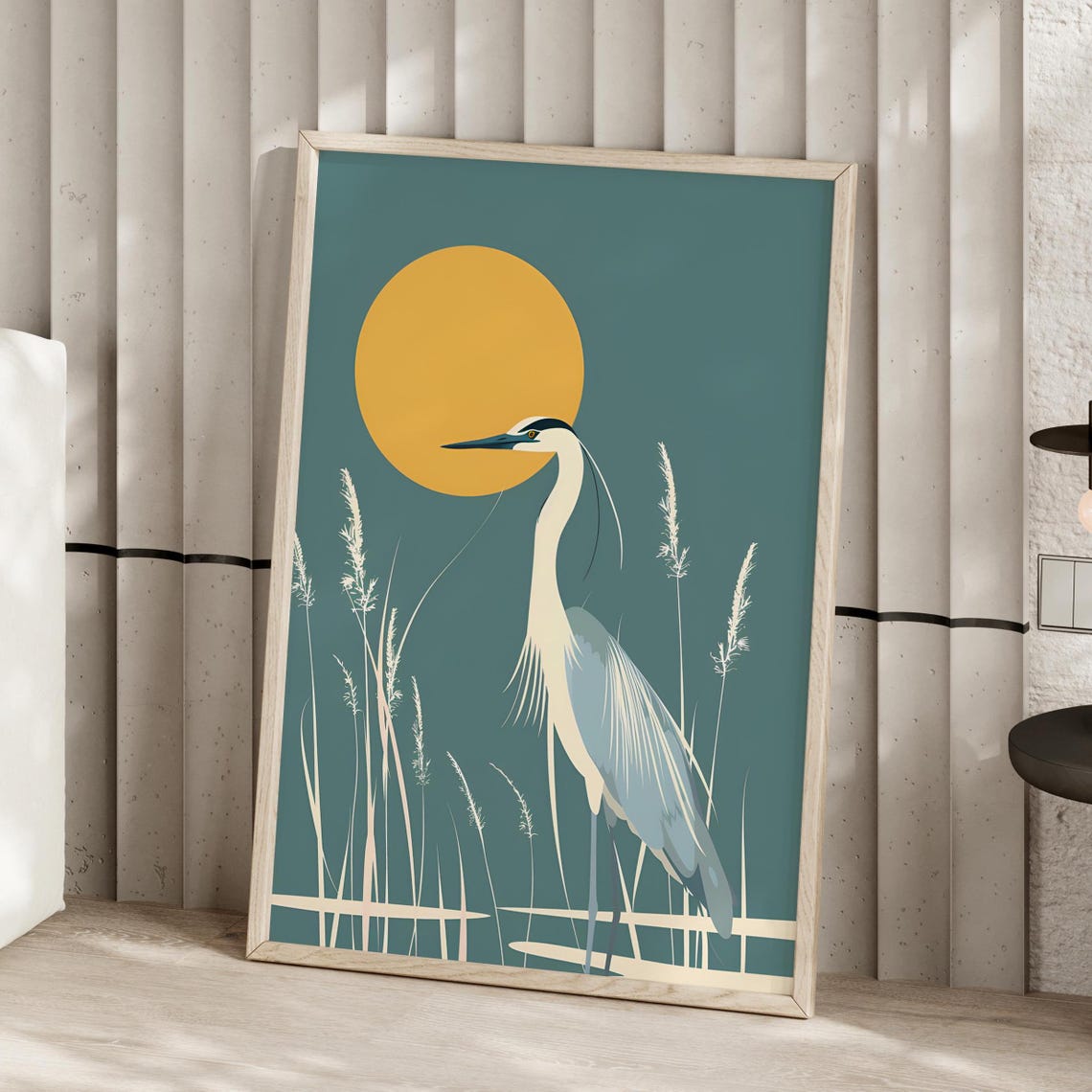 Retro Heron Standing Before Sun Minimalist Coastal Bird Print