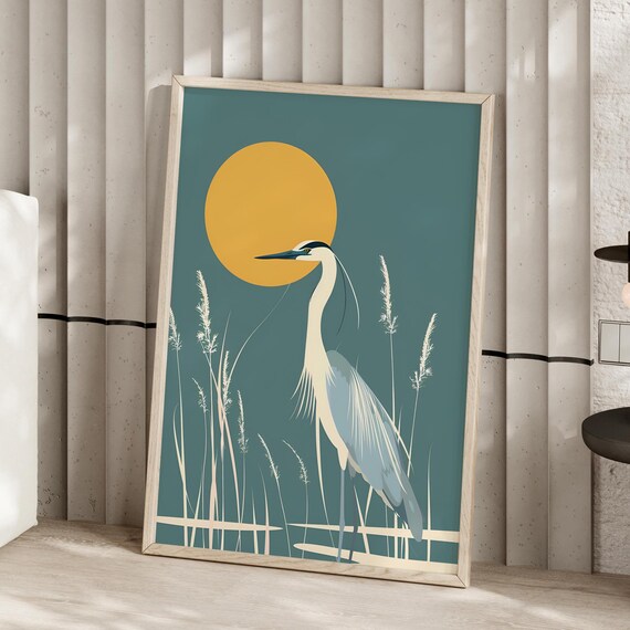 Heron In Front Of The Sun Vector Illustration Art Print Or Canvas Minimalist Blue And White Bird Costal Retro Animal Farmhouse Poster