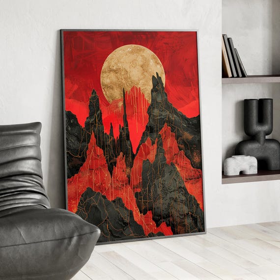 Scenic Mountains And Gold Moon Illustration Art Print Or Canvas Abstract Nature Mystical Occult Red Black Mountain Full Poster
