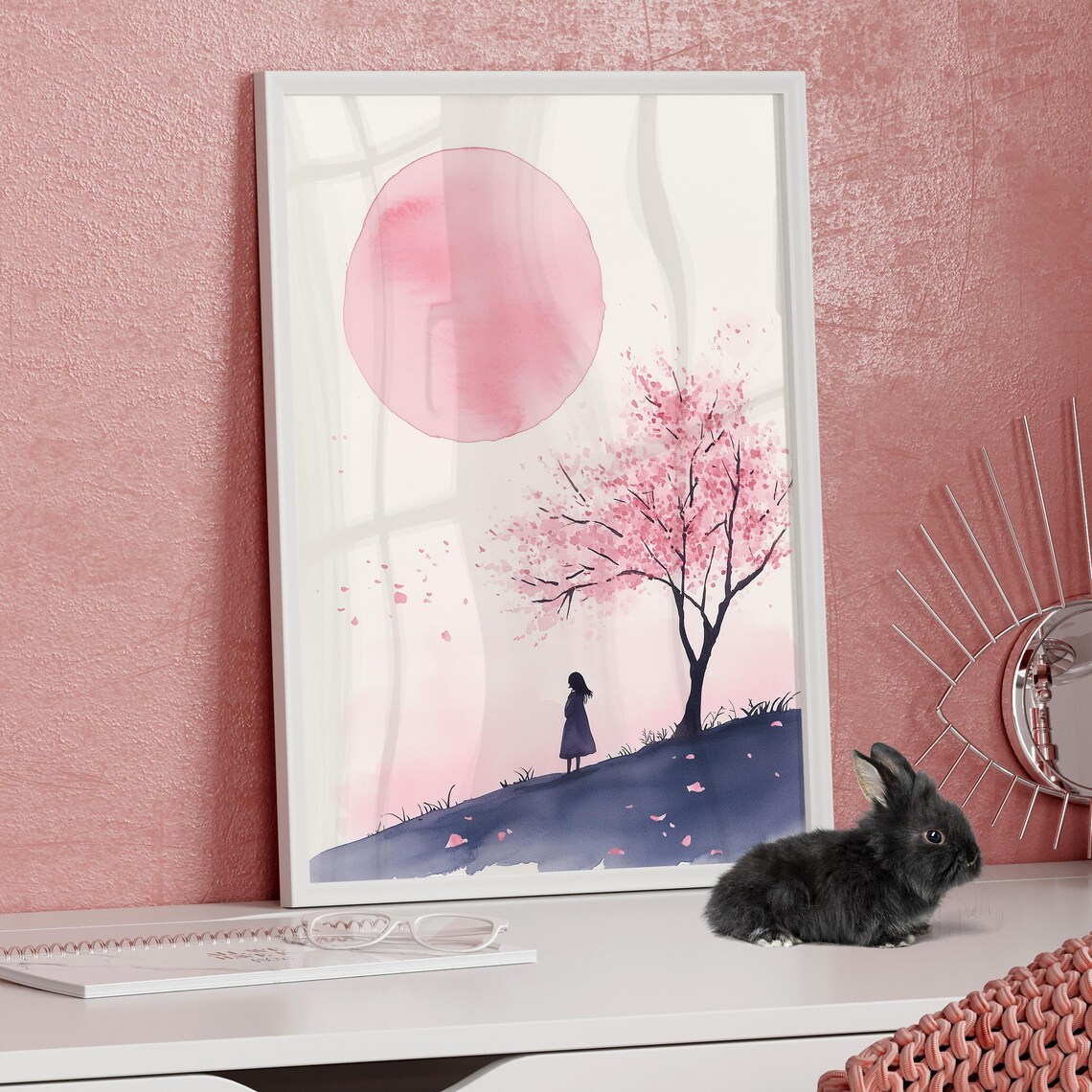 Girl Under Cherry Blossom Tree Pink Sun Watercolor Art Poster
