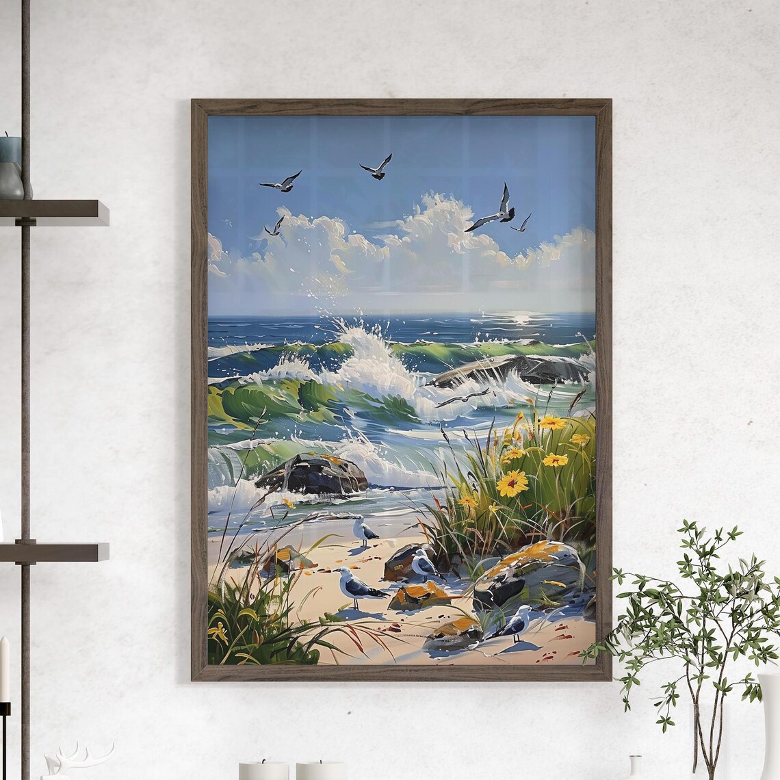 Seagulls Over Ocean Waves Beach Scene Coastal Painting Poster