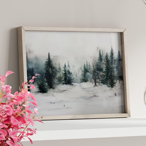 Snowy Winter Pine Forest Watercolor Painting Holiday Wall Poster