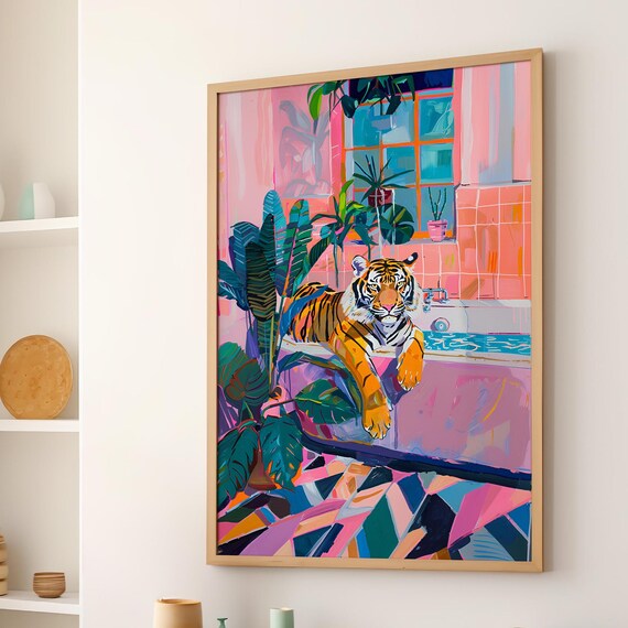 Tiger In A Bathtub Botanical Pink Painting Poster Or Canvas Print Whimsical Bathroom Wall Decor Retro Art Maximalist