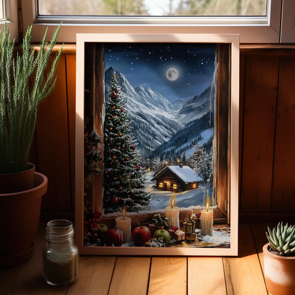 Cozy Christmas Window Scene Poster Snowy Cabin Mountains Moonlit Night