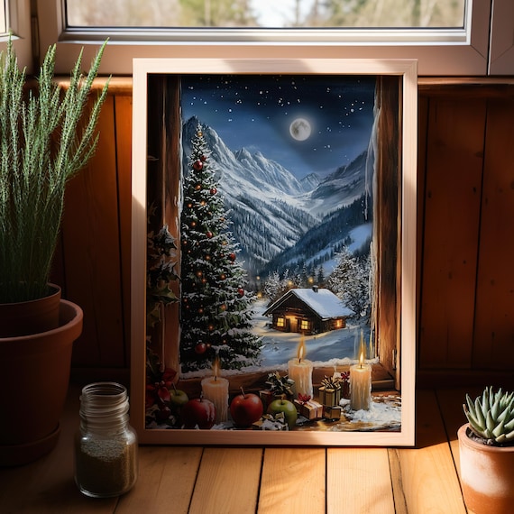 Cozy Christmas Window Scene Poster Snowy Cabin Mountains Moonlit Night