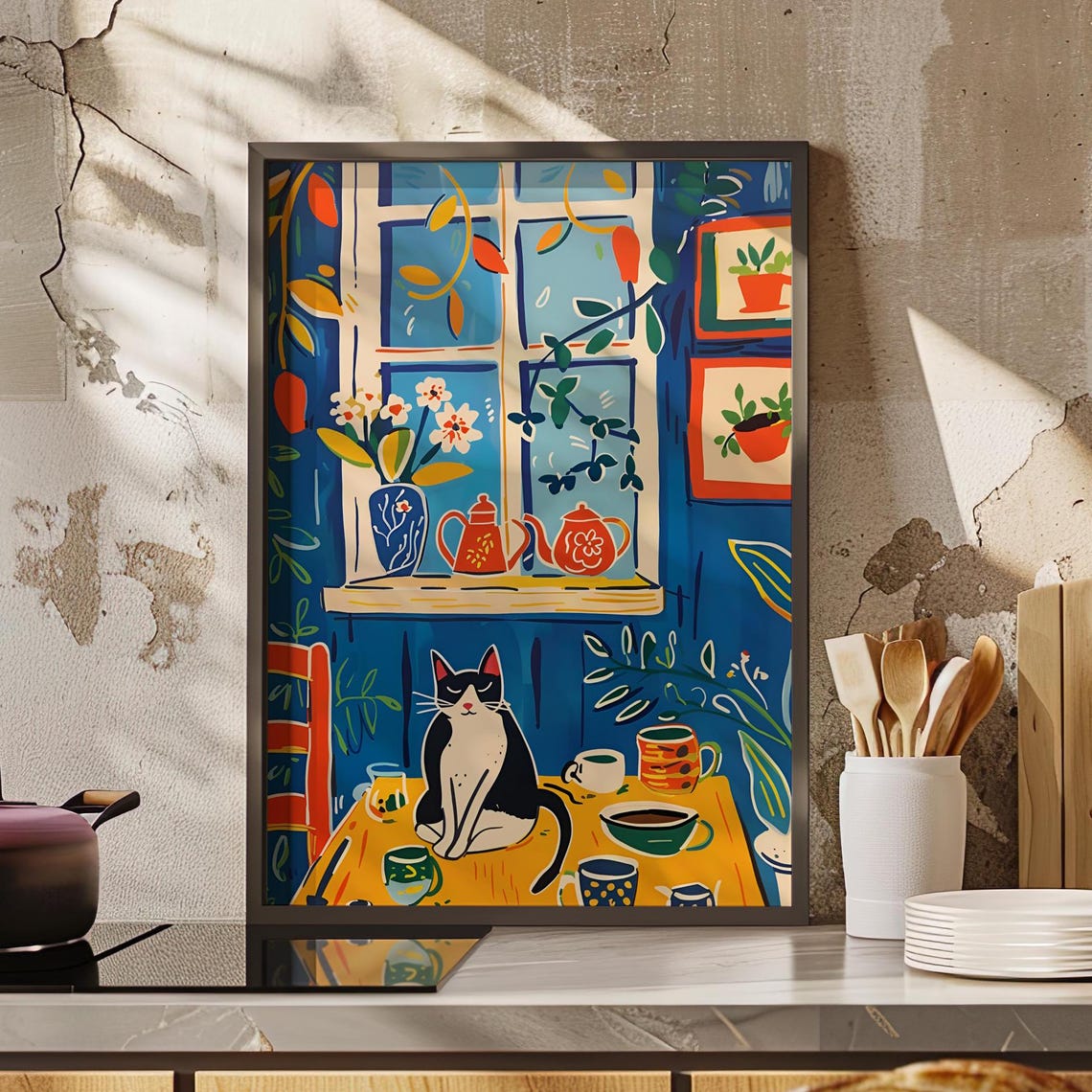 Black Cat on a Kitchen Table Bold Blue Folk Art Humor Poster
